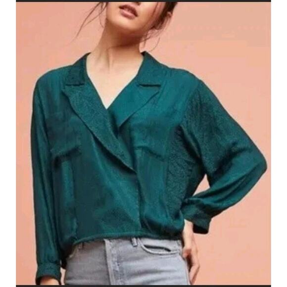 Anthropologie Meave Womens Almeria Green Paisley Blouse Sz S Faux‎ Wrap Emerald - Picture 7 of 7